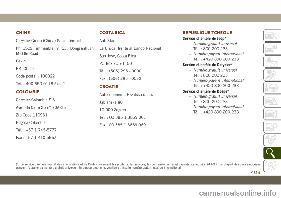 JEEP GRAND CHEROKEE 2019  Notice dentretien (in French) CHINE
Chrysler Group (China) Sales Limited
N° 1509, immeuble n° 63, Dongsanhuan
Middle Road
Pékin
PR. Chine
Code postal : 100022
Tél. : 400-650-0118 Ext. 2
COLOMBIE
Chrysler Colombia S.A.
Avenida 