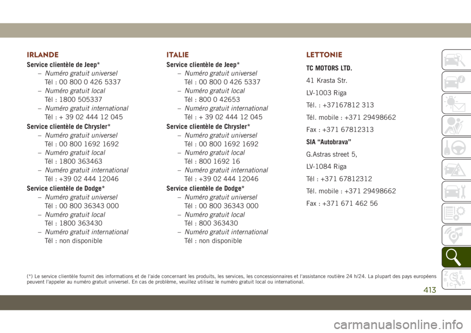 JEEP GRAND CHEROKEE 2019  Notice dentretien (in French) IRLANDE
Service clientèle de Jeep*
–Numéro gratuit universel
Tél : 00 800 0 426 5337
–Numéro gratuit local
Tél : 1800 505337
–Numéro gratuit international
Tél:+390244412045
Service client