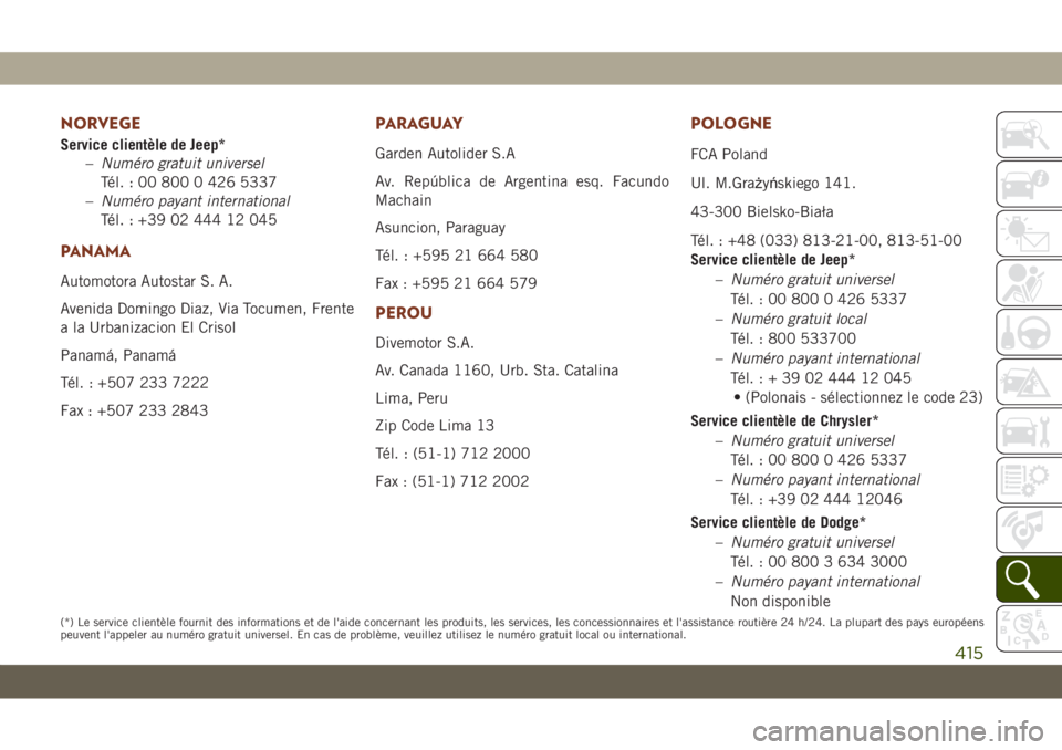 JEEP GRAND CHEROKEE 2019  Notice dentretien (in French) NORVEGE
Service clientèle de Jeep*
–Numéro gratuit universel
Tél. : 00 800 0 426 5337
–Numéro payant international
Tél. : +39 02 444 12 045
PANAMA
Automotora Autostar S. A.
Avenida Domingo Di