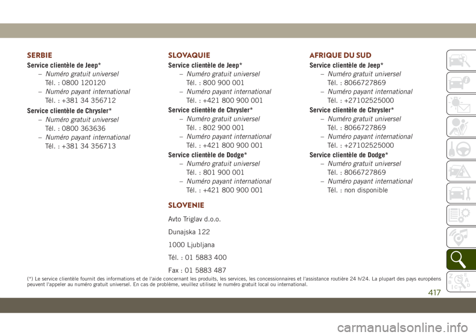 JEEP GRAND CHEROKEE 2019  Notice dentretien (in French) SERBIE
Service clientèle de Jeep*
–Numéro gratuit universel
Tél. : 0800 120120
–Numéro payant international
Tél. : +381 34 356712
Service clientèle de Chrysler*
–Numéro gratuit universel
