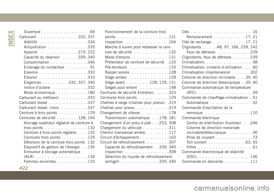 JEEP GRAND CHEROKEE 2020  Notice dentretien (in French) Ouverture..................69
Carburant...............332, 337
Additifs..................334
Antipollution...............333
Appoint..............219, 222
Capacité du réservoir......339, 340
Consomm