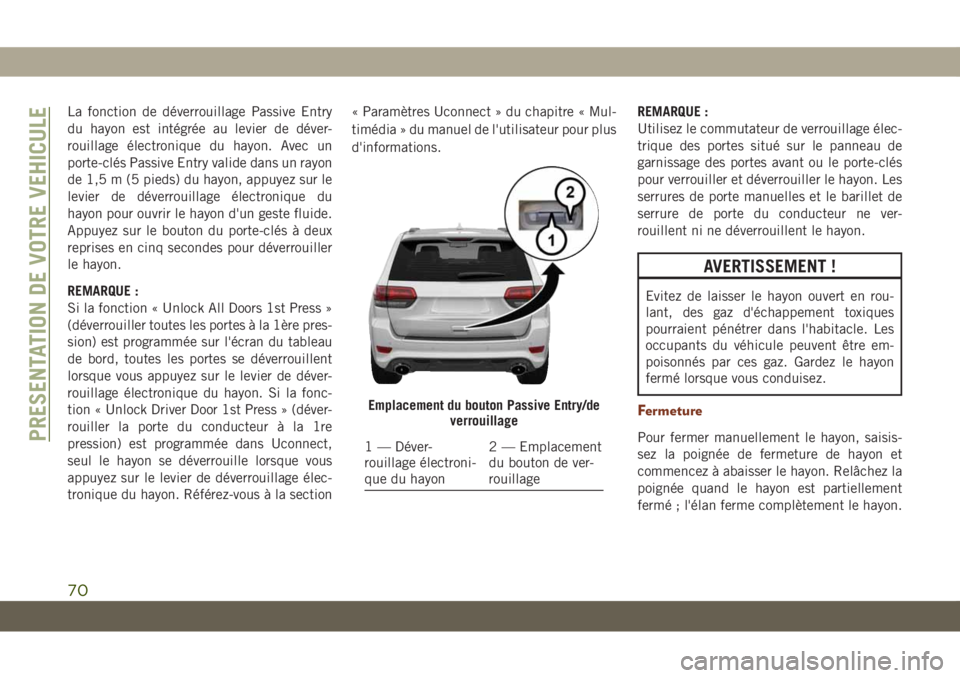 JEEP GRAND CHEROKEE 2019 Notice dentretien (in French) La fonction de déverrouillage Passive Entry
du hayon est intégrée au levier de déver-
rouillage électronique du hayon. Avec un
porte-clés Passive Entry valide dans un rayon
de 1,5 m (5 pieds) du JEEP GRAND CHEROKEE 2019 Notice dentretien (in French) La fonction de déverrouillage Passive Entry
du hayon est intégrée au levier de déver-
rouillage électronique du hayon. Avec un
porte-clés Passive Entry valide dans un rayon
de 1,5 m (5 pieds) du