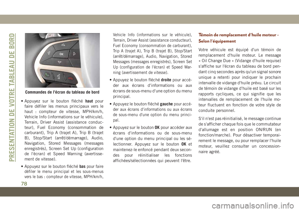 JEEP GRAND CHEROKEE 2019 Notice dentretien (in French) • Appuyez sur le bouton fléchéhautpour
faire défiler les menus principaux vers le
haut : compteur de vitesse, MPH/km/h,
Vehicle Info (informations sur le véhicule),
Terrain, Driver Assist (assis JEEP GRAND CHEROKEE 2019 Notice dentretien (in French) • Appuyez sur le bouton fléchéhautpour
faire défiler les menus principaux vers le
haut : compteur de vitesse, MPH/km/h,
Vehicle Info (informations sur le véhicule),
Terrain, Driver Assist (assis