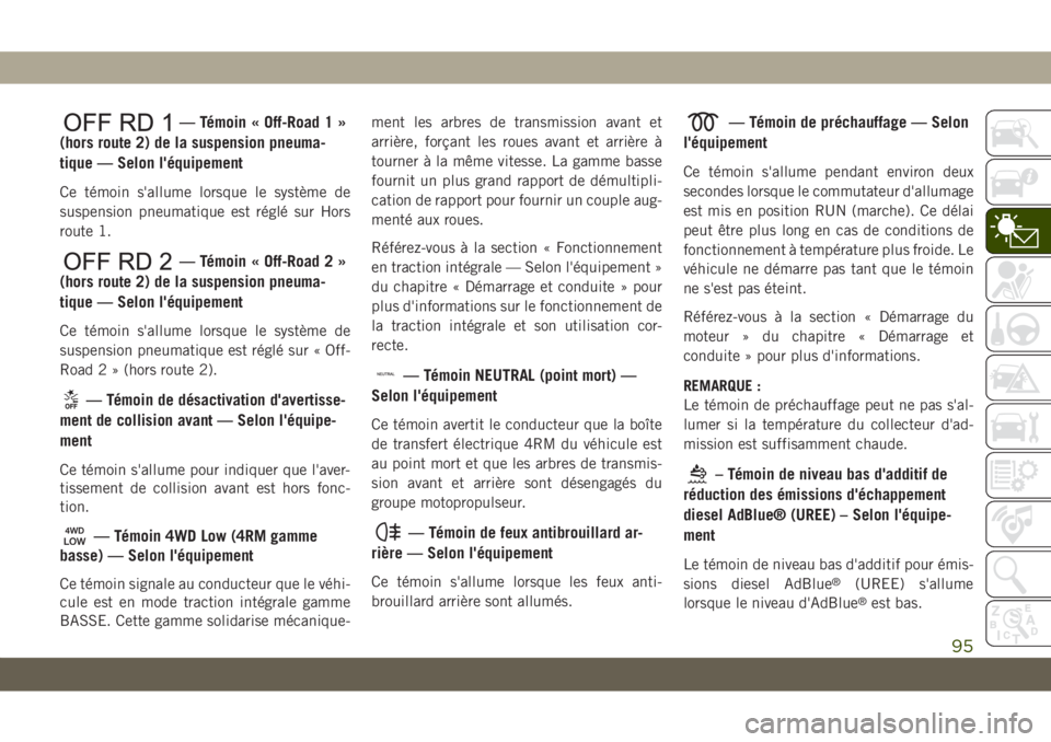 JEEP GRAND CHEROKEE 2021 Notice dentretien (in French) — Témoin « Off-Road 1 »
(hors route 2) de la suspension pneuma-
tique — Selon l'équipement
Ce témoin s'allume lorsque le système de
suspension pneumatique est réglé sur Hors
route JEEP GRAND CHEROKEE 2021 Notice dentretien (in French) — Témoin « Off-Road 1 »
(hors route 2) de la suspension pneuma-
tique — Selon l'équipement
Ce témoin s'allume lorsque le système de
suspension pneumatique est réglé sur Hors
route