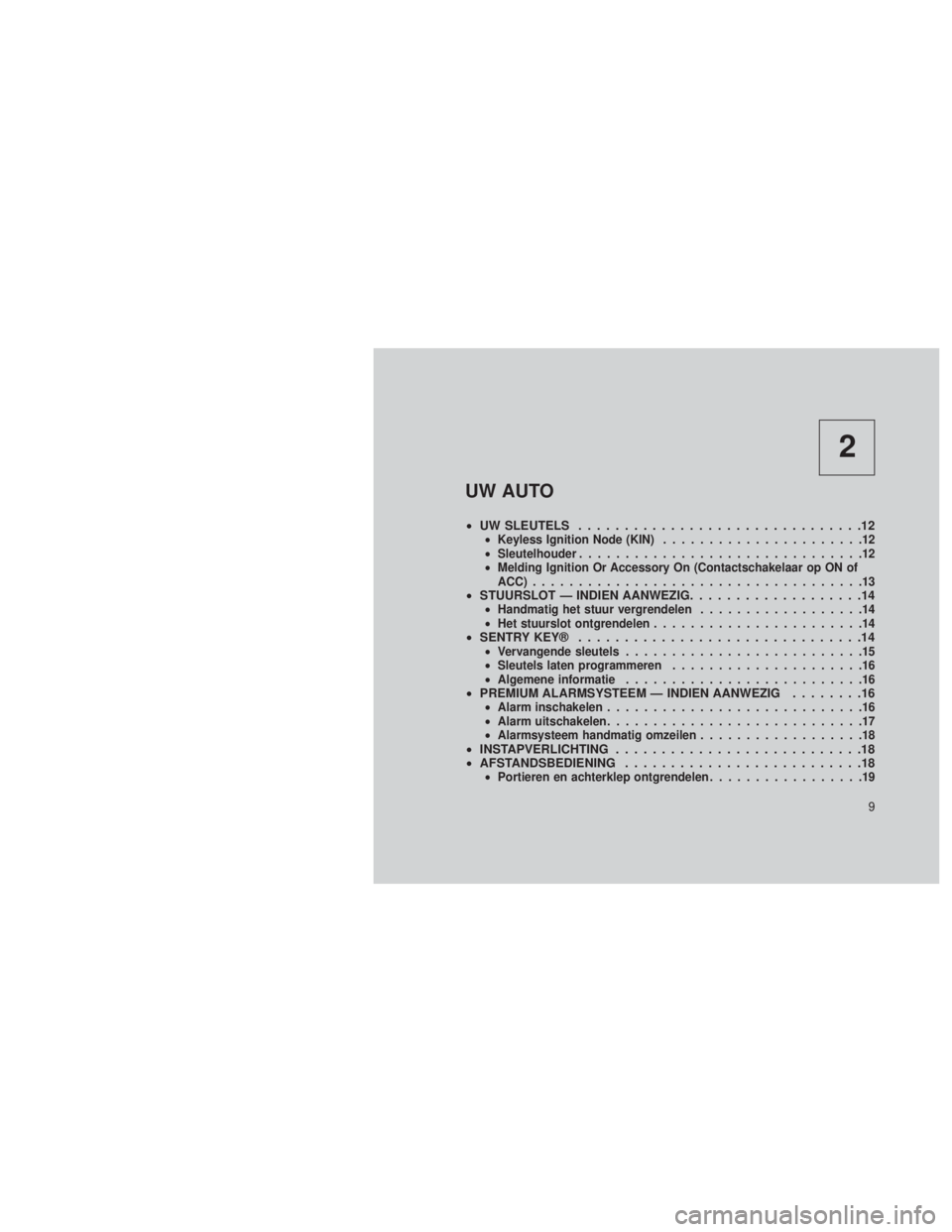 JEEP GRAND CHEROKEE 2014 Instructieboek (in Dutch) 2
UW AUTO
•UW SLEUTELS ...............................12•Keyless Ignition Node (KIN) ......................12
• Sleutelhouder ...............................12
• Melding Ignition Or Accessory JEEP GRAND CHEROKEE 2014 Instructieboek (in Dutch) 2
UW AUTO
•UW SLEUTELS ...............................12•Keyless Ignition Node (KIN) ......................12
• Sleutelhouder ...............................12
• Melding Ignition Or Accessory