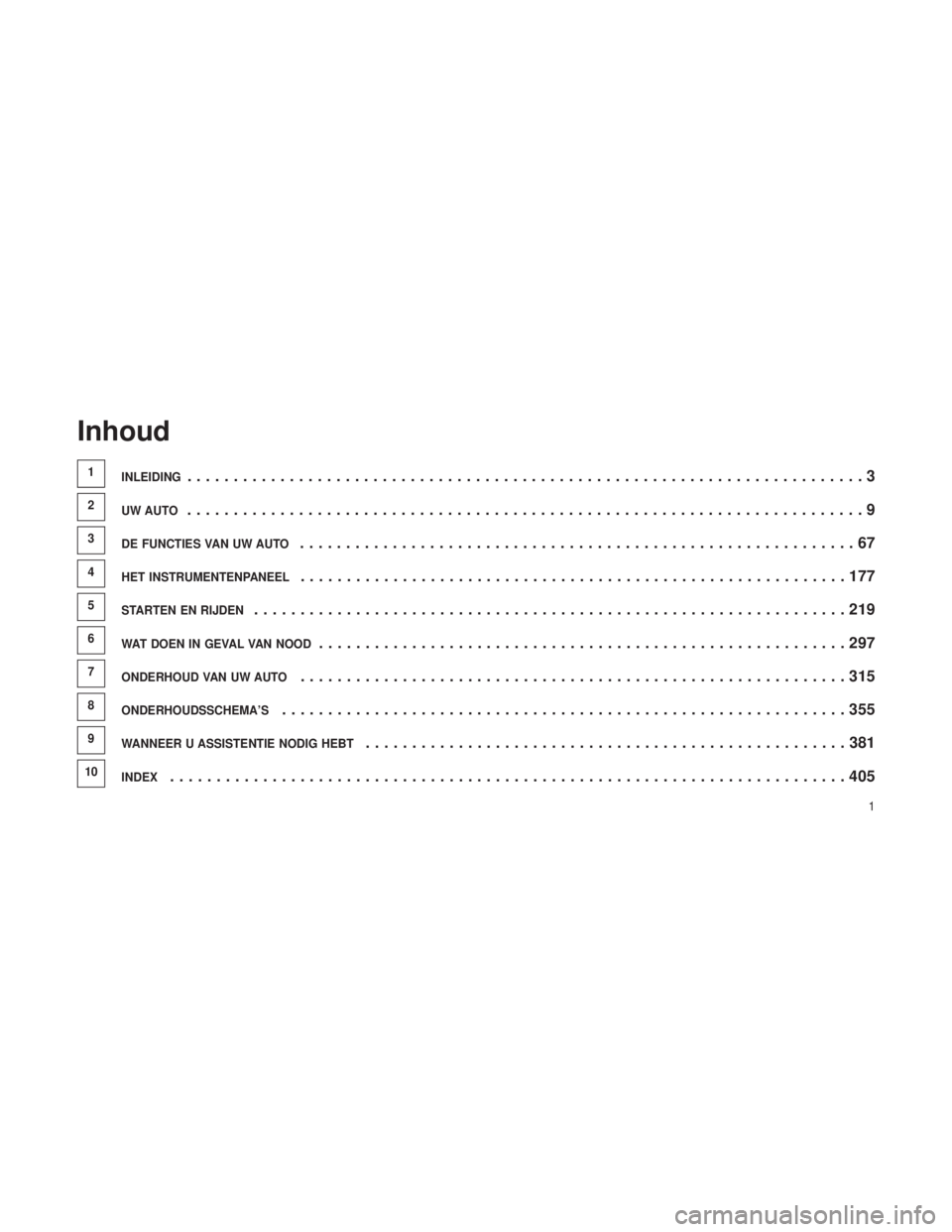 JEEP GRAND CHEROKEE 2013  Instructieboek (in Dutch) Inhoud
1INLEIDING........................................................................\
.3
2UW AUTO........................................................................\
.9
3DE FUNCTIES VAN UW A