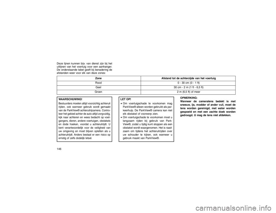JEEP GRAND CHEROKEE 2015 Instructieboek (in Dutch) Deze lijnen kunnen bijv. van dienst zijn bij het
uitlijnen van het voertuig voor een aanhanger.
De onderstaande tabel geeft bij benadering de
afstanden weer voor elk van deze zones:
ZoneAfstand tot de JEEP GRAND CHEROKEE 2015 Instructieboek (in Dutch) Deze lijnen kunnen bijv. van dienst zijn bij het
uitlijnen van het voertuig voor een aanhanger.
De onderstaande tabel geeft bij benadering de
afstanden weer voor elk van deze zones:
ZoneAfstand tot de
