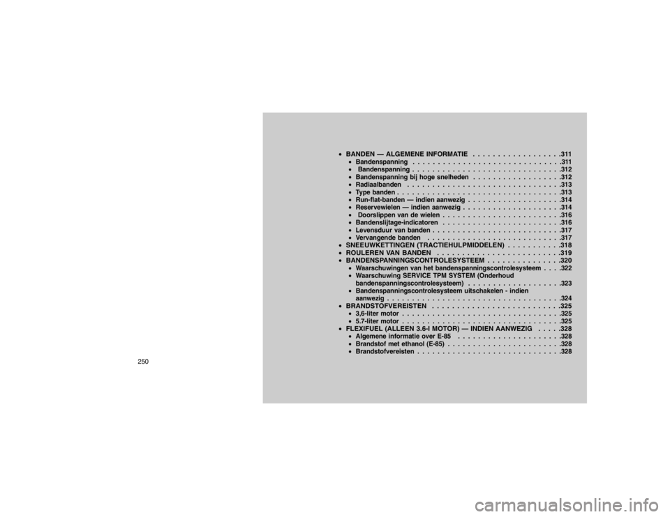 JEEP GRAND CHEROKEE 2015  Instructieboek (in Dutch) BANDEN — ALGEMENE INFORMATIE . . . . . . . . . . . . . . . . . .311
Bandenspanning . . . . . . . . . . . . . . . . . . . . . . . . . . . . . .311
 Bandenspanning . . . . . . . . . . . . . . . . .