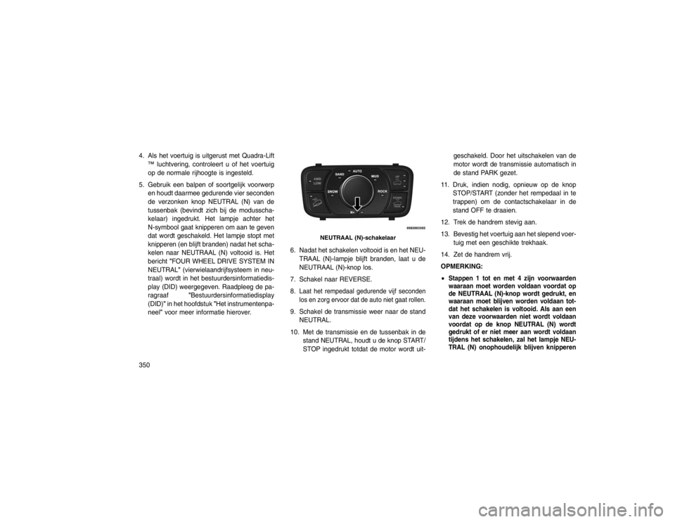 JEEP GRAND CHEROKEE 2016 Instructieboek (in Dutch) 4. Als het voertuig is uitgerust met Quadra-Lift™ luchtvering, controleert u of het voertuig
op de normale rijhoogte is ingesteld.
5. Gebruik een balpen of soortgelijk voorwerp en houdt daarmee gedu JEEP GRAND CHEROKEE 2016 Instructieboek (in Dutch) 4. Als het voertuig is uitgerust met Quadra-Lift™ luchtvering, controleert u of het voertuig
op de normale rijhoogte is ingesteld.
5. Gebruik een balpen of soortgelijk voorwerp en houdt daarmee gedu