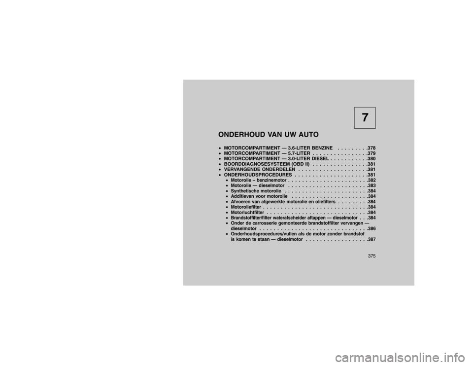 JEEP GRAND CHEROKEE 2015  Instructieboek (in Dutch) 7
ONDERHOUD VAN UW AUTO
 MOTORCOMPARTIMENT — 3.6-LITER BENZINE . . . . . . . . .378
 MOTORCOMPARTIMENT — 5.7-LITER . . . . . . . . . . . . . . . .379
 MOTORCOMPARTIMENT — 3.0-LITER DIESEL . .