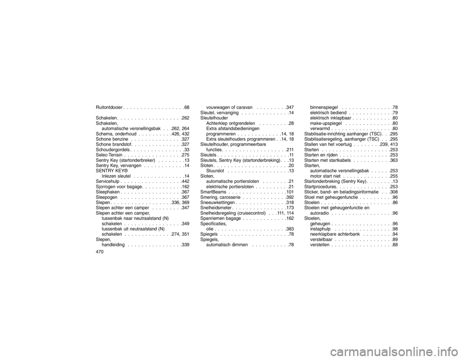 JEEP GRAND CHEROKEE 2016 Instructieboek (in Dutch) Ruitontdooier . . . . . . . . . . . . . . . . . .68
Schakelen . . . . . . . . . . . . . . . . . . .262Schakelen, automatische versnellingsbak . . .262, 264
Schema, onderhoud . . . . . . . . . .426, 43 JEEP GRAND CHEROKEE 2016 Instructieboek (in Dutch) Ruitontdooier . . . . . . . . . . . . . . . . . .68
Schakelen . . . . . . . . . . . . . . . . . . .262Schakelen, automatische versnellingsbak . . .262, 264
Schema, onderhoud . . . . . . . . . .426, 43