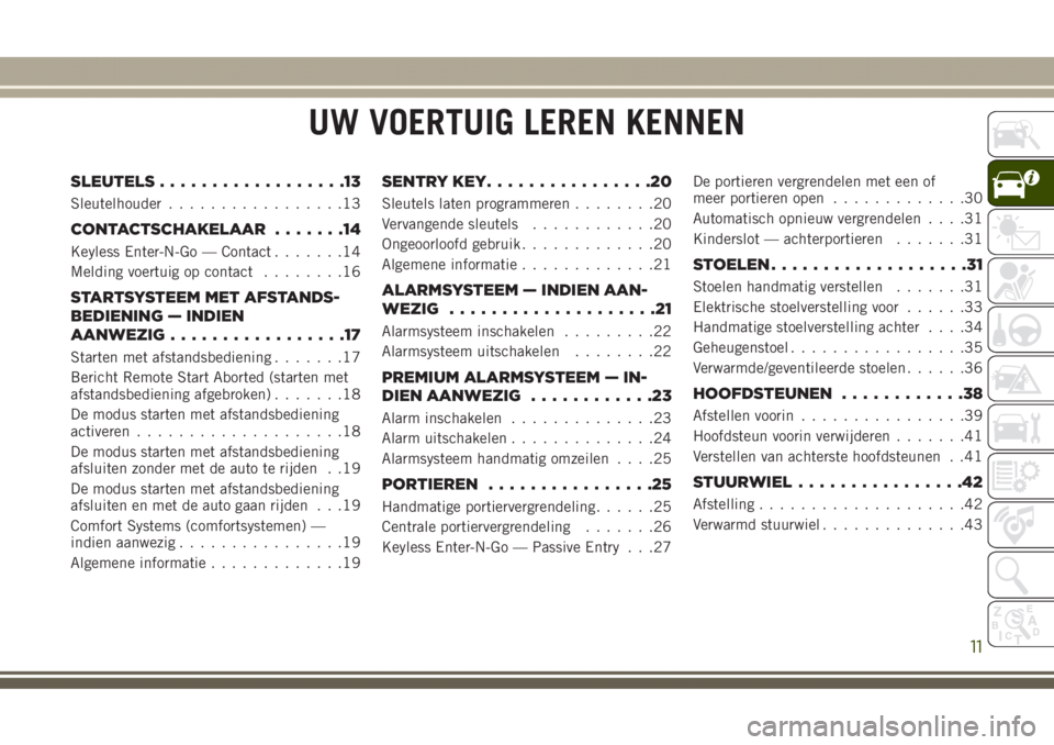 JEEP GRAND CHEROKEE 2017 Instructieboek (in Dutch) UW VOERTUIG LEREN KENNEN
SLEUTELS..................13
Sleutelhouder.................13
CONTACTSCHAKELAAR.......14
Keyless Enter-N-Go — Contact.......14
Melding voertuig op contact........16
STARTSYS JEEP GRAND CHEROKEE 2017 Instructieboek (in Dutch) UW VOERTUIG LEREN KENNEN
SLEUTELS..................13
Sleutelhouder.................13
CONTACTSCHAKELAAR.......14
Keyless Enter-N-Go — Contact.......14
Melding voertuig op contact........16
STARTSYS