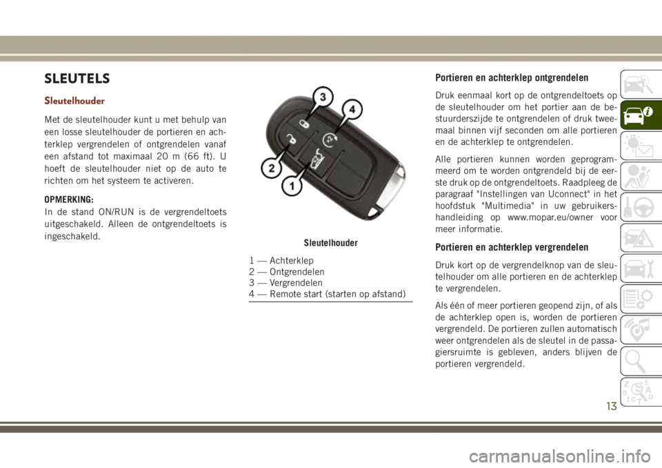 JEEP GRAND CHEROKEE 2017 Instructieboek (in Dutch) SLEUTELS
Sleutelhouder
Met de sleutelhouder kunt u met behulp van
een losse sleutelhouder de portieren en ach-
terklep vergrendelen of ontgrendelen vanaf
een afstand tot maximaal 20 m (66 ft). U
hoeft JEEP GRAND CHEROKEE 2017 Instructieboek (in Dutch) SLEUTELS
Sleutelhouder
Met de sleutelhouder kunt u met behulp van
een losse sleutelhouder de portieren en ach-
terklep vergrendelen of ontgrendelen vanaf
een afstand tot maximaal 20 m (66 ft). U
hoeft