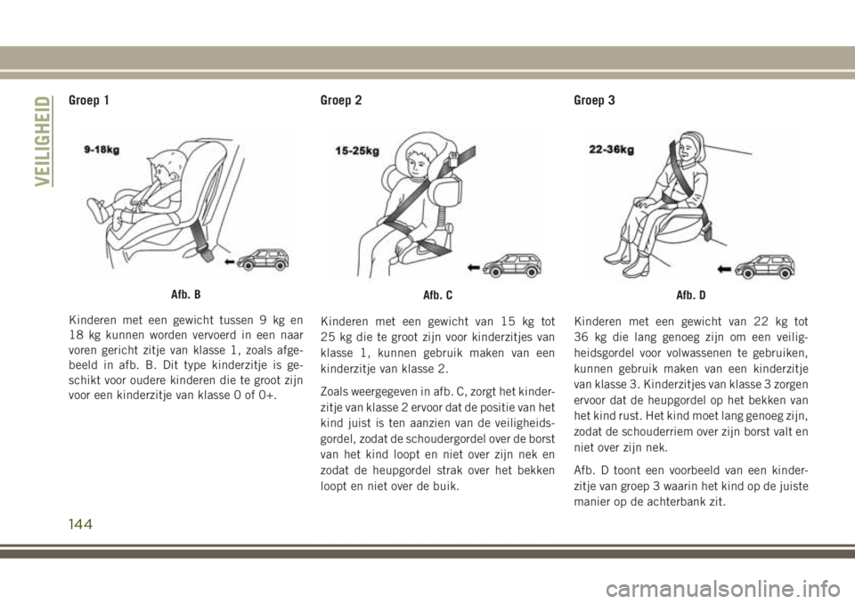 JEEP GRAND CHEROKEE 2017  Instructieboek (in Dutch) Groep 1
Kinderen met een gewicht tussen 9 kg en
18 kg kunnen worden vervoerd in een naar
voren gericht zitje van klasse 1, zoals afge-
beeld in afb. B. Dit type kinderzitje is ge-
schikt voor oudere k