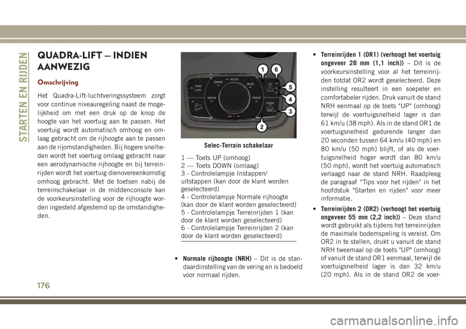 JEEP GRAND CHEROKEE 2017 Instructieboek (in Dutch) QUADRA-LIFT — INDIEN
AANWEZIG
Omschrijving
Het Quadra-Lift-luchtveringssysteem zorgt
voor continue niveauregeling naast de moge-
lijkheid om met een druk op de knop de
hoogte van het voertuig aan te JEEP GRAND CHEROKEE 2017 Instructieboek (in Dutch) QUADRA-LIFT — INDIEN
AANWEZIG
Omschrijving
Het Quadra-Lift-luchtveringssysteem zorgt
voor continue niveauregeling naast de moge-
lijkheid om met een druk op de knop de
hoogte van het voertuig aan te