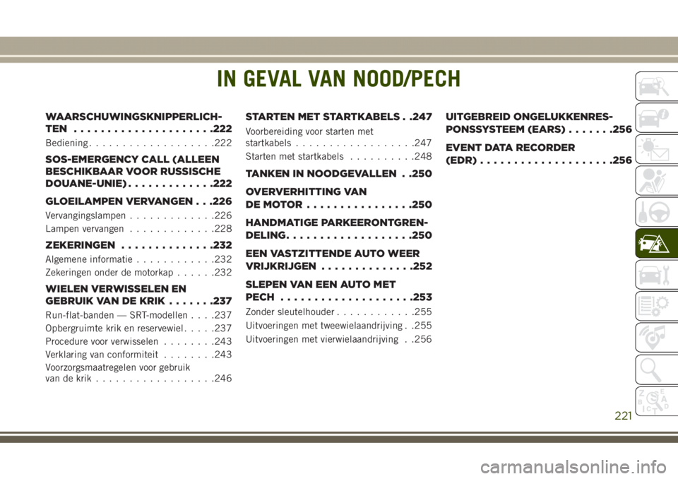 JEEP GRAND CHEROKEE 2017 Instructieboek (in Dutch) IN GEVAL VAN NOOD/PECH
WAARSCHUWINGSKNIPPERLICH-
TEN .....................222
Bediening...................222
SOS-EMERGENCY CALL (ALLEEN
BESCHIKBAAR VOOR RUSSISCHE
DOUANE-UNIE).............222
GLOEILA JEEP GRAND CHEROKEE 2017 Instructieboek (in Dutch) IN GEVAL VAN NOOD/PECH
WAARSCHUWINGSKNIPPERLICH-
TEN .....................222
Bediening...................222
SOS-EMERGENCY CALL (ALLEEN
BESCHIKBAAR VOOR RUSSISCHE
DOUANE-UNIE).............222
GLOEILA