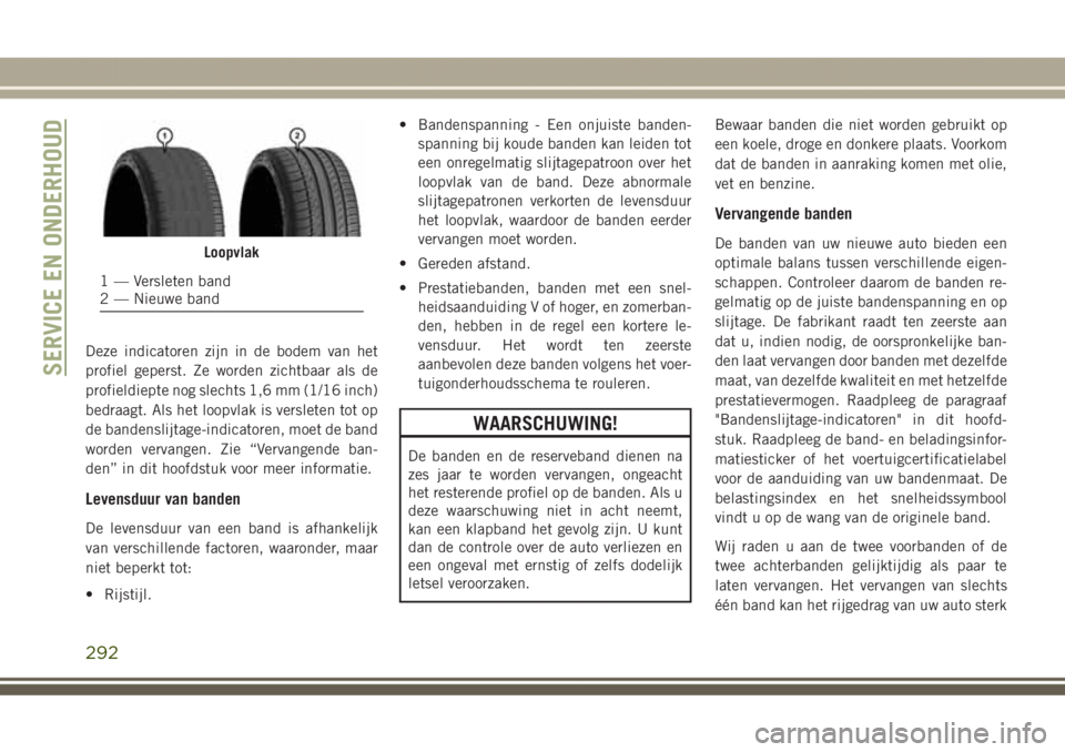 JEEP GRAND CHEROKEE 2017 Instructieboek (in Dutch) Deze indicatoren zijn in de bodem van het
profiel geperst. Ze worden zichtbaar als de
profieldiepte nog slechts 1,6 mm (1/16 inch)
bedraagt. Als het loopvlak is versleten tot op
de bandenslijtage-indi JEEP GRAND CHEROKEE 2017 Instructieboek (in Dutch) Deze indicatoren zijn in de bodem van het
profiel geperst. Ze worden zichtbaar als de
profieldiepte nog slechts 1,6 mm (1/16 inch)
bedraagt. Als het loopvlak is versleten tot op
de bandenslijtage-indi