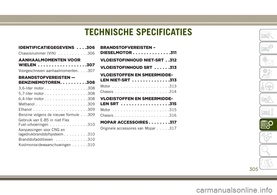 JEEP GRAND CHEROKEE 2017  Instructieboek (in Dutch) TECHNISCHE SPECIFICATIES
IDENTIFICATIEGEGEVENS. . . .306
Chassisnummer (VIN)...........306
AANHAALMOMENTEN VOOR
WIELEN..................307
Voorgeschreven aanhaalmomenten. . . .307
BRANDSTOFVEREISTEN 