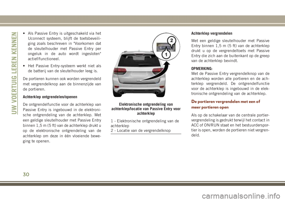 JEEP GRAND CHEROKEE 2017 Instructieboek (in Dutch) • Als Passive Entry is uitgeschakeld via het
Uconnect systeem, blijft de toetsbeveili-
ging zoals beschreven in "Voorkomen dat
de sleutelhouder met Passive Entry per
ongeluk in de auto wordt ing JEEP GRAND CHEROKEE 2017 Instructieboek (in Dutch) • Als Passive Entry is uitgeschakeld via het
Uconnect systeem, blijft de toetsbeveili-
ging zoals beschreven in "Voorkomen dat
de sleutelhouder met Passive Entry per
ongeluk in de auto wordt ing