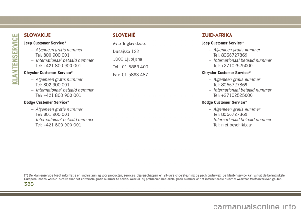 JEEP GRAND CHEROKEE 2017  Instructieboek (in Dutch) SLOWAKIJE
Jeep Customer Service*
–Algemeen gratis nummer
Tel: 800 900 001
–Internationaal betaald nummer
Tel: +421 800 900 001
Chrysler Customer Service*
–Algemeen gratis nummer
Tel: 802 900 001