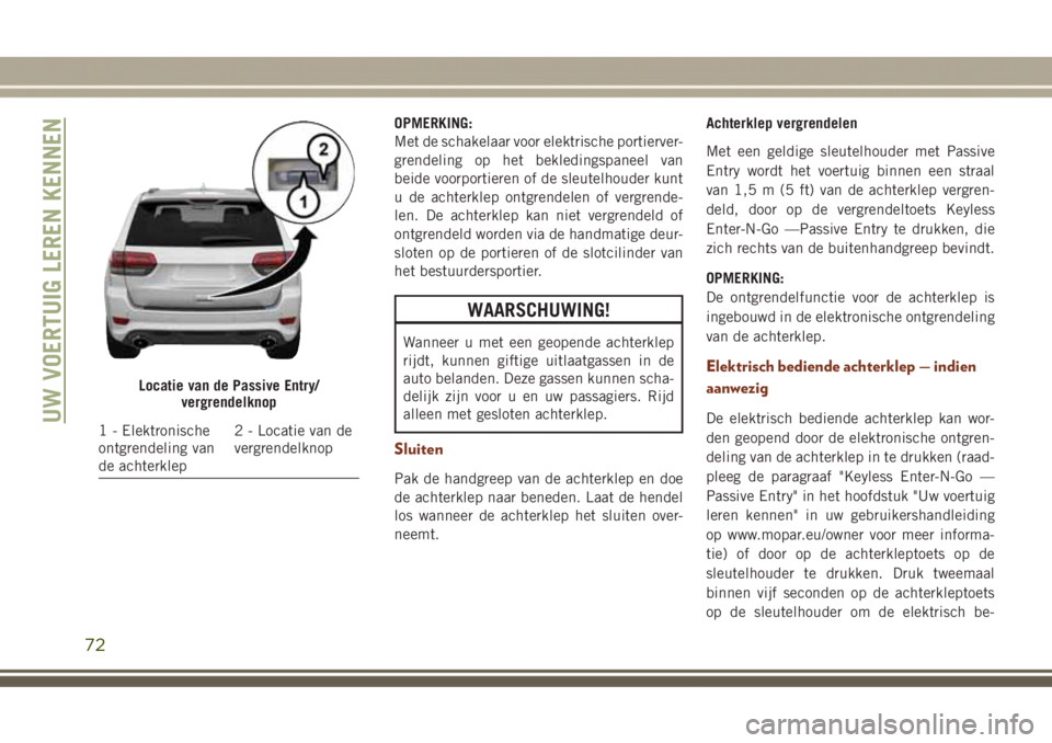 JEEP GRAND CHEROKEE 2017 Instructieboek (in Dutch) OPMERKING:
Met de schakelaar voor elektrische portierver-
grendeling op het bekledingspaneel van
beide voorportieren of de sleutelhouder kunt
u de achterklep ontgrendelen of vergrende-
len. De achterk JEEP GRAND CHEROKEE 2017 Instructieboek (in Dutch) OPMERKING:
Met de schakelaar voor elektrische portierver-
grendeling op het bekledingspaneel van
beide voorportieren of de sleutelhouder kunt
u de achterklep ontgrendelen of vergrende-
len. De achterk