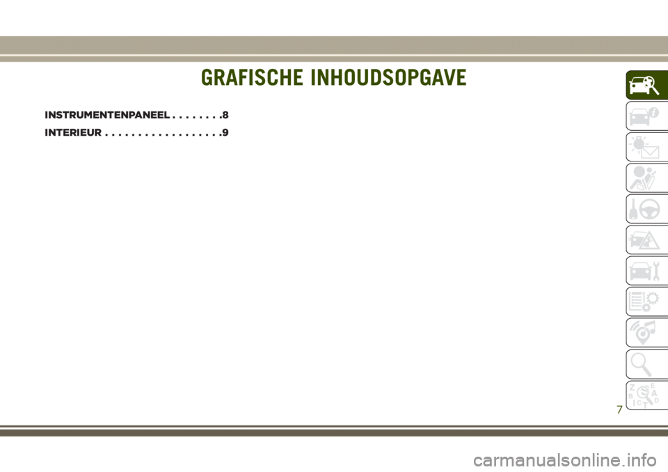 JEEP GRAND CHEROKEE 2017  Instructieboek (in Dutch) GRAFISCHE INHOUDSOPGAVE
INSTRUMENTENPANEEL........8
INTERIEUR..................9
GRAFISCHE INHOUDSOPGAVE
7 