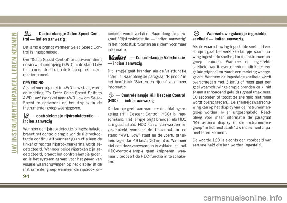 JEEP GRAND CHEROKEE 2017 Instructieboek (in Dutch) — Controlelampje Selec Speed Con-
trol — indien aanwezig
Dit lampje brandt wanneer Selec Speed Con-
trol is ingeschakeld.
Om "Selec Speed Control" te activeren dient
de vierwielaandrijving JEEP GRAND CHEROKEE 2017 Instructieboek (in Dutch) — Controlelampje Selec Speed Con-
trol — indien aanwezig
Dit lampje brandt wanneer Selec Speed Con-
trol is ingeschakeld.
Om "Selec Speed Control" te activeren dient
de vierwielaandrijving