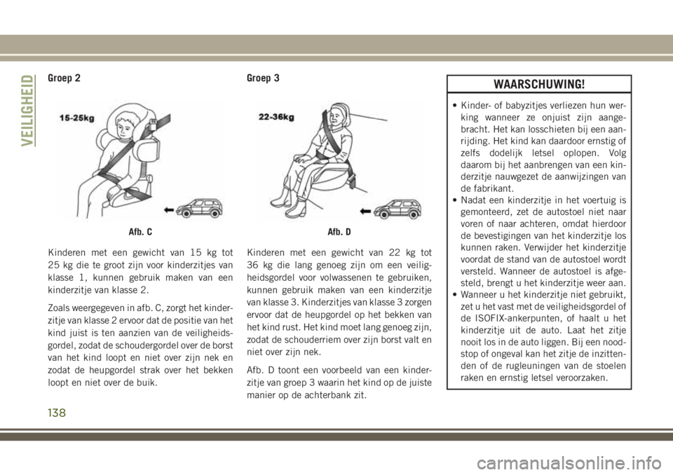 JEEP GRAND CHEROKEE 2018  Instructieboek (in Dutch) Groep 2
Kinderen met een gewicht van 15 kg tot
25 kg die te groot zijn voor kinderzitjes van
klasse 1, kunnen gebruik maken van een
kinderzitje van klasse 2.
Zoals weergegeven in afb. C, zorgt het kin