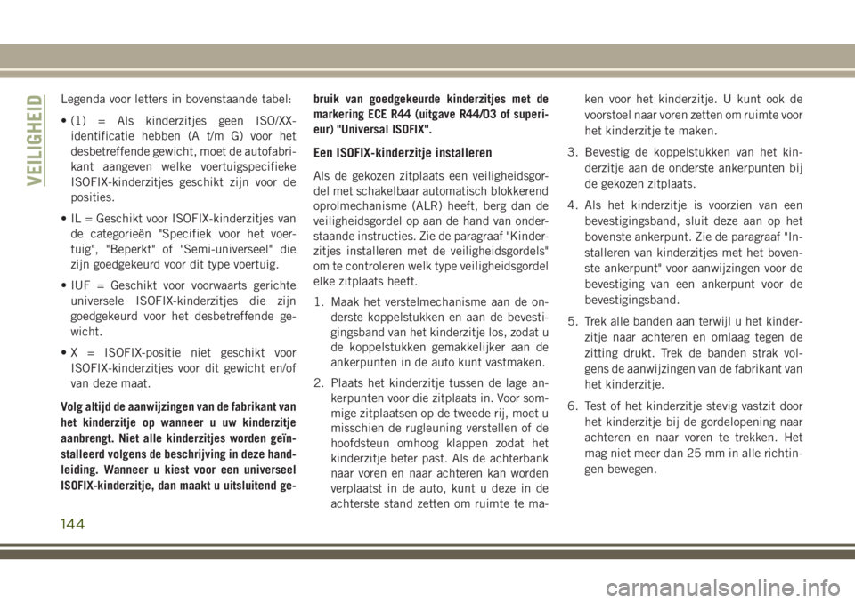 JEEP GRAND CHEROKEE 2018  Instructieboek (in Dutch) Legenda voor letters in bovenstaande tabel:
• (1) = Als kinderzitjes geen ISO/XX-
identificatie hebben (A t/m G) voor het
desbetreffende gewicht, moet de autofabri-
kant aangeven welke voertuigspeci
