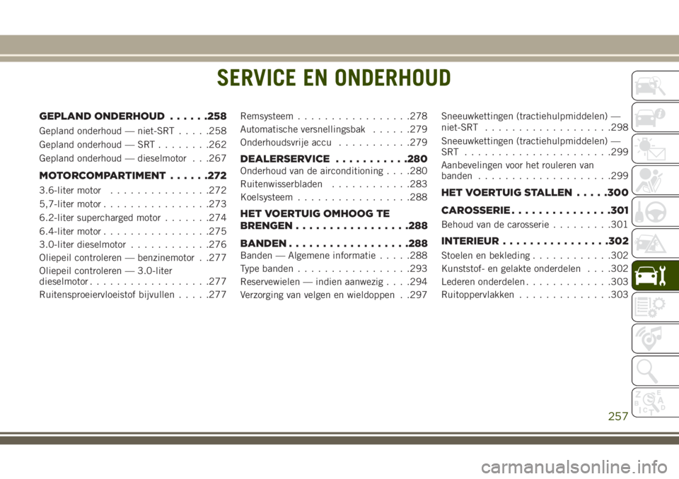 JEEP GRAND CHEROKEE 2018  Instructieboek (in Dutch) SERVICE EN ONDERHOUD
GEPLAND ONDERHOUD......258
Gepland onderhoud — niet-SRT.....258
Gepland onderhoud — SRT........262
Gepland onderhoud — dieselmotor . . .267
MOTORCOMPARTIMENT......272
3.6-li