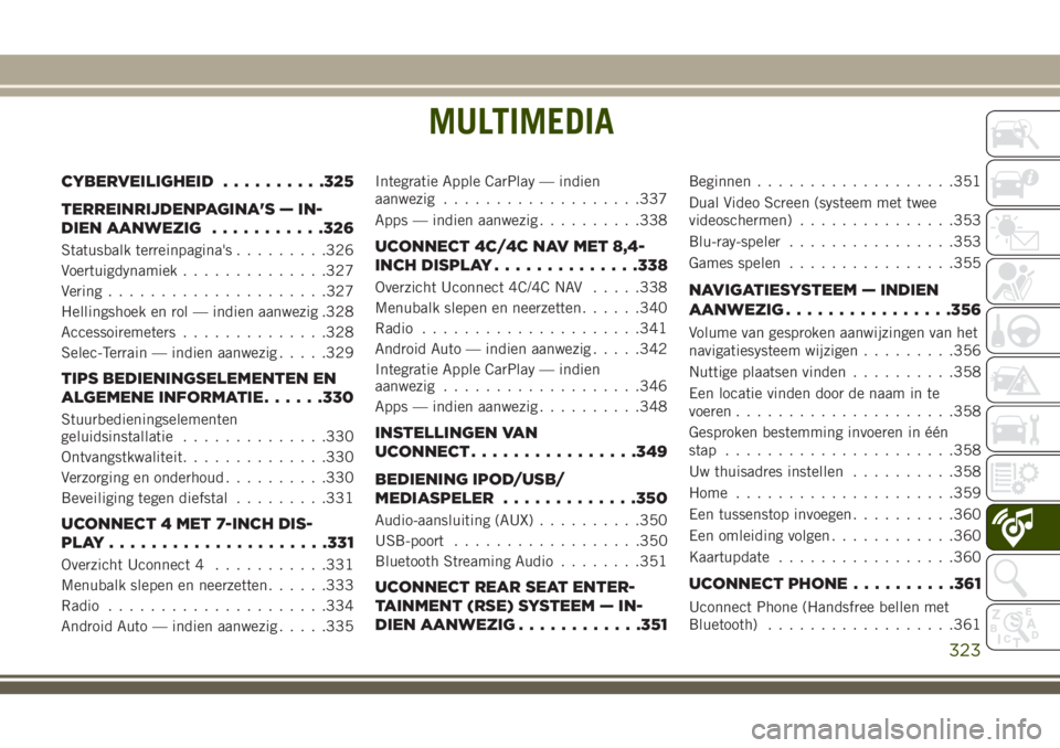 JEEP GRAND CHEROKEE 2018 Instructieboek (in Dutch) MULTIMEDIA
CYBERVEILIGHEID..........325
TERREINRIJDENPAGINA'S — IN-
DIEN AANWEZIG...........326
Statusbalk terreinpagina's.........326
Voertuigdynamiek..............327
Vering............... JEEP GRAND CHEROKEE 2018 Instructieboek (in Dutch) MULTIMEDIA
CYBERVEILIGHEID..........325
TERREINRIJDENPAGINA'S — IN-
DIEN AANWEZIG...........326
Statusbalk terreinpagina's.........326
Voertuigdynamiek..............327
Vering...............