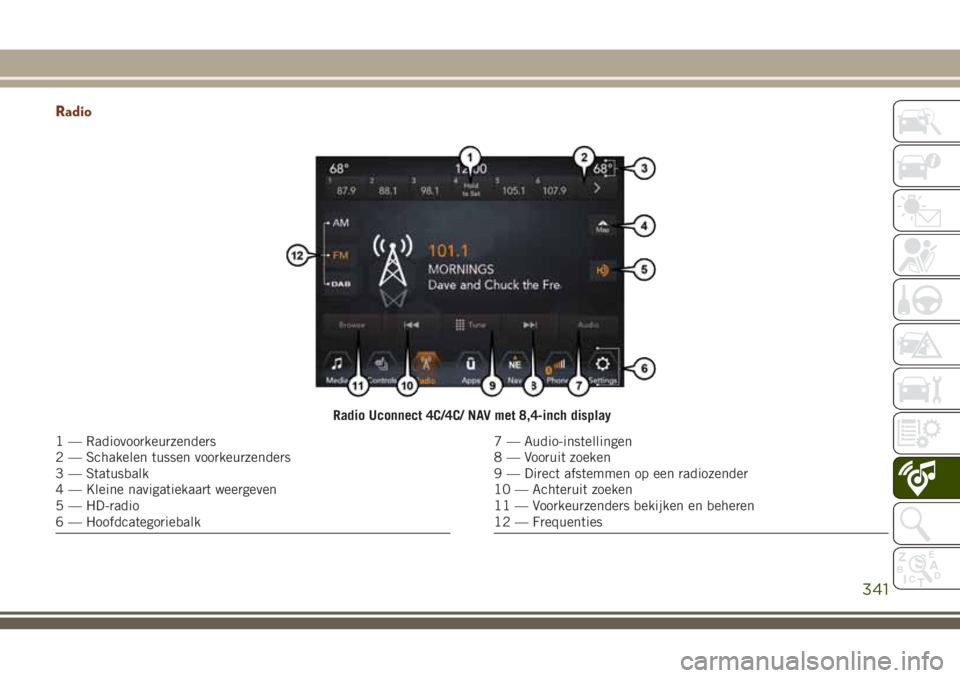 JEEP GRAND CHEROKEE 2018  Instructieboek (in Dutch) Radio
Radio Uconnect 4C/4C/ NAV met 8,4-inch display
1 — Radiovoorkeurzenders
2 — Schakelen tussen voorkeurzenders
3 — Statusbalk
4 — Kleine navigatiekaart weergeven
5 — HD-radio
6 — Hoofd