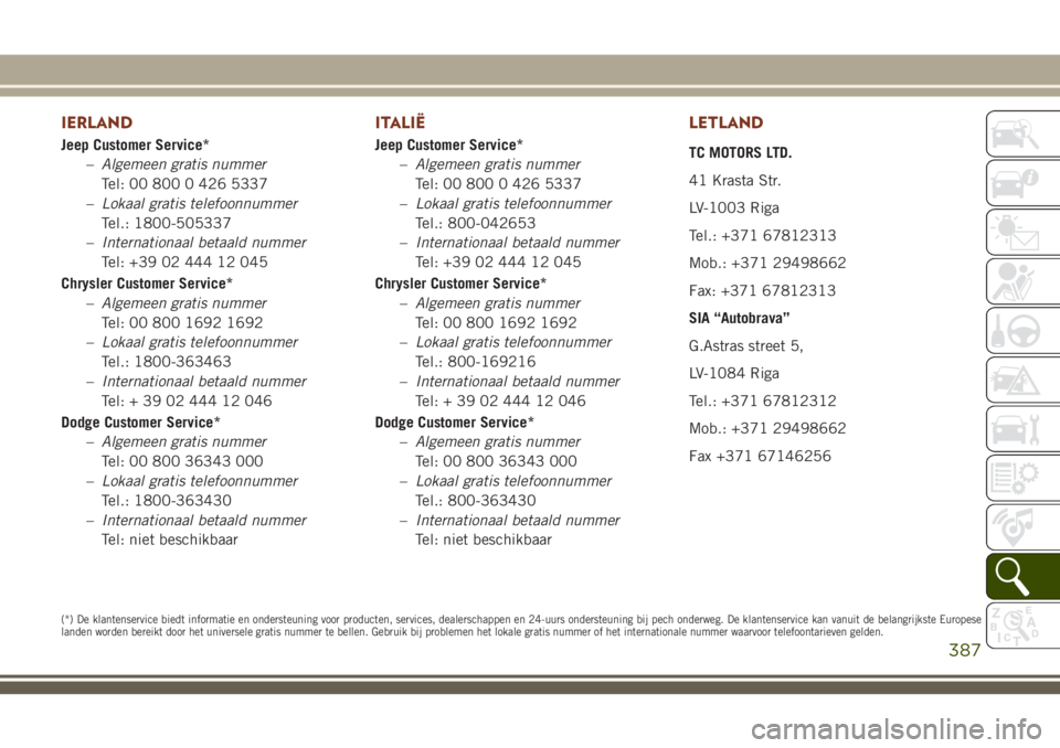 JEEP GRAND CHEROKEE 2018  Instructieboek (in Dutch) IERLAND
Jeep Customer Service*
–Algemeen gratis nummer
Tel: 00 800 0 426 5337
–Lokaal gratis telefoonnummer
Tel.: 1800-505337
–Internationaal betaald nummer
Tel: +39 02 444 12 045
Chrysler Custo