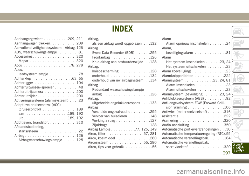 JEEP GRAND CHEROKEE 2018  Instructieboek (in Dutch) Aanhangergewicht..........209, 211
Aanhangwagen trekken...........209
Aanvullend veiligheidssysteem - Airbag .126
ABS, waarschuwingslampje.........81
Accessoires..................320
Mopar............