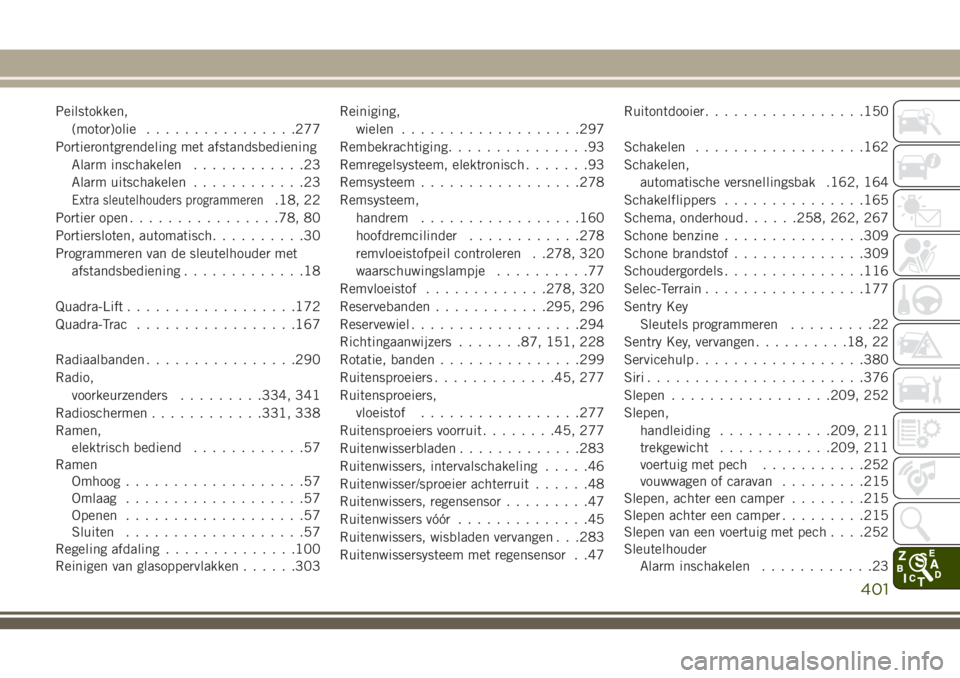 JEEP GRAND CHEROKEE 2018  Instructieboek (in Dutch) Peilstokken,
(motor)olie................277
Portierontgrendeling met afstandsbediening
Alarm inschakelen............23
Alarm uitschakelen............23
Extra sleutelhouders programmeren.18, 22
Portier