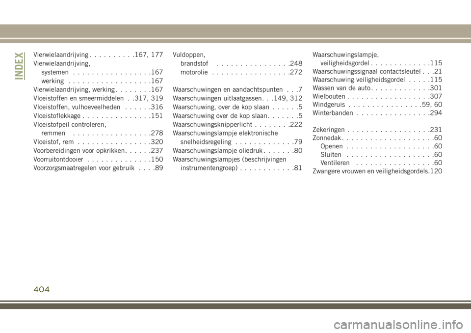 JEEP GRAND CHEROKEE 2018  Instructieboek (in Dutch) Vierwielaandrijving..........167, 177
Vierwielaandrijving,
systemen.................167
werking..................167
Vierwielaandrijving, werking........167
Vloeistoffen en smeermiddelen . .317, 319
V