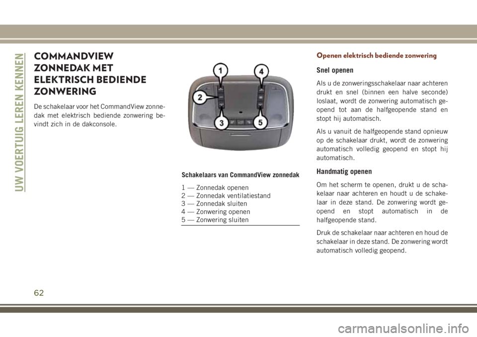 JEEP GRAND CHEROKEE 2018  Instructieboek (in Dutch) COMMANDVIEW
ZONNEDAK MET
ELEKTRISCH BEDIENDE
ZONWERING
De schakelaar voor het CommandView zonne-
dak met elektrisch bediende zonwering be-
vindt zich in de dakconsole.
Openen elektrisch bediende zonwe