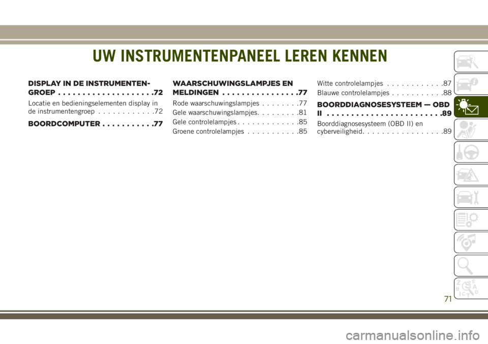 JEEP GRAND CHEROKEE 2018  Instructieboek (in Dutch) UW INSTRUMENTENPANEEL LEREN KENNEN
DISPLAY IN DE INSTRUMENTEN-
GROEP....................72
Locatie en bedieningselementen display in
de instrumentengroep............72
BOORDCOMPUTER...........77WAARSC