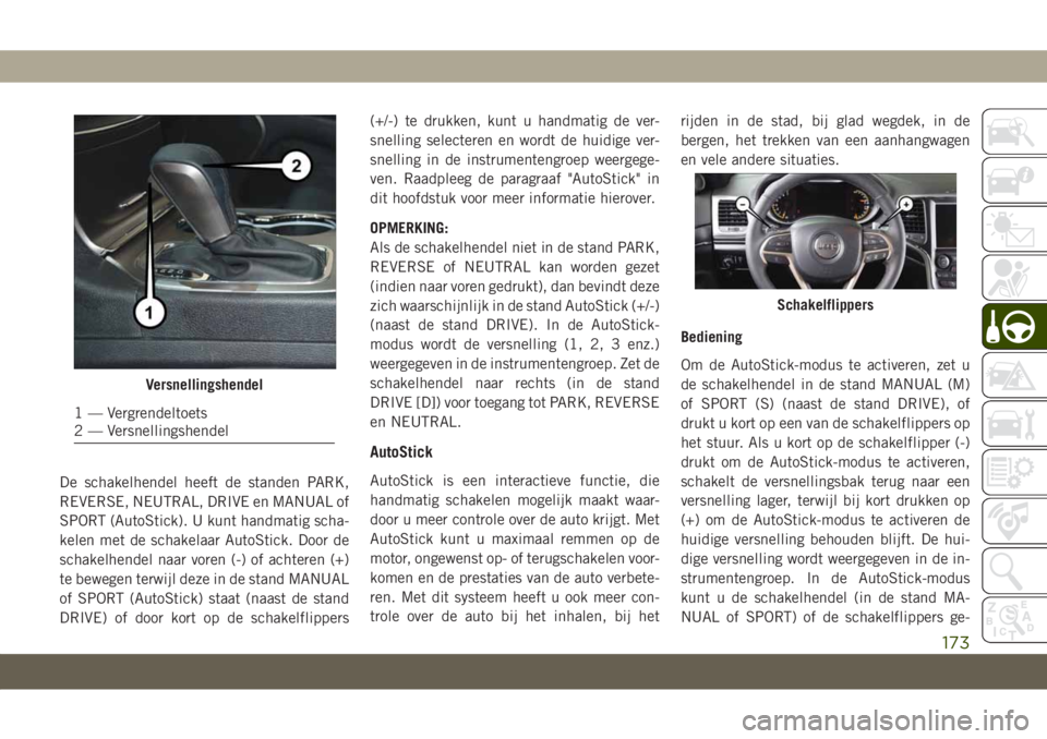 JEEP GRAND CHEROKEE 2021 Instructieboek (in Dutch) De schakelhendel heeft de standen PARK,
REVERSE, NEUTRAL, DRIVE en MANUAL of
SPORT (AutoStick). U kunt handmatig scha-
kelen met de schakelaar AutoStick. Door de
schakelhendel naar voren (-) of achter JEEP GRAND CHEROKEE 2021 Instructieboek (in Dutch) De schakelhendel heeft de standen PARK,
REVERSE, NEUTRAL, DRIVE en MANUAL of
SPORT (AutoStick). U kunt handmatig scha-
kelen met de schakelaar AutoStick. Door de
schakelhendel naar voren (-) of achter