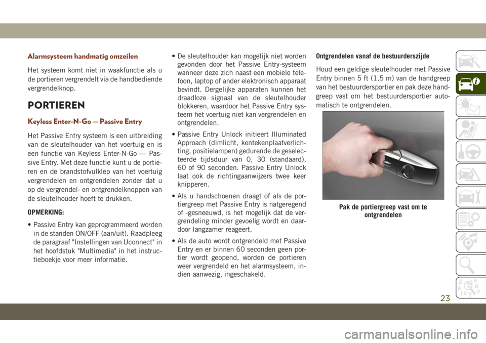 JEEP GRAND CHEROKEE 2020  Instructieboek (in Dutch) Alarmsysteem handmatig omzeilen
Het systeem komt niet in waakfunctie als u
de portieren vergrendelt via de handbediende
vergrendelknop.
PORTIEREN
Keyless Enter-N-Go — Passive Entry
Het Passive Entry