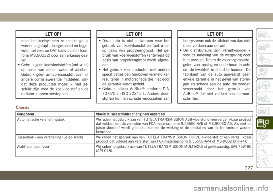 JEEP GRAND CHEROKEE 2021 Instructieboek (in Dutch) LET OP!
moet het koelsysteem zo snel mogelijk
worden afgetapt, doorgespoeld en bijge-
vuld met nieuwe OAT-koelvloeistof (con-
form MS.90032) door een erkende dea-
ler.
• Gebruik geen koelvloeistoffe JEEP GRAND CHEROKEE 2021 Instructieboek (in Dutch) LET OP!
moet het koelsysteem zo snel mogelijk
worden afgetapt, doorgespoeld en bijge-
vuld met nieuwe OAT-koelvloeistof (con-
form MS.90032) door een erkende dea-
ler.
• Gebruik geen koelvloeistoffe