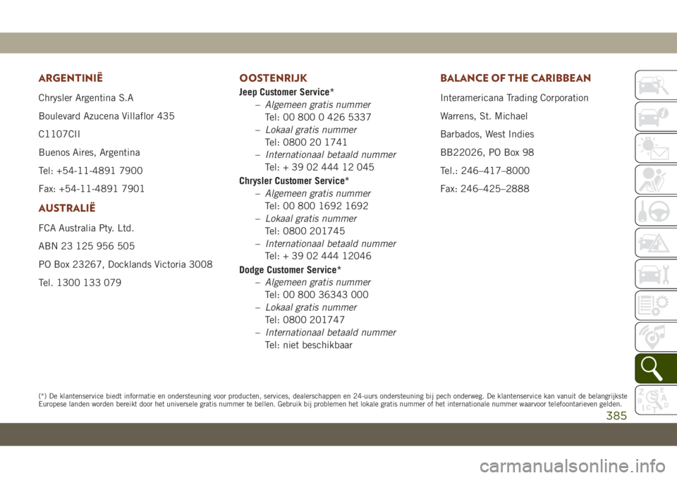 JEEP GRAND CHEROKEE 2021 Instructieboek (in Dutch) ARGENTINIË
Chrysler Argentina S.A
Boulevard Azucena Villaflor 435
C1107CII
Buenos Aires, Argentina
Tel: +54-11-4891 7900
Fax: +54-11-4891 7901
AUSTRALIË
FCA Australia Pty. Ltd.
ABN 23 125 956 505
PO JEEP GRAND CHEROKEE 2021 Instructieboek (in Dutch) ARGENTINIË
Chrysler Argentina S.A
Boulevard Azucena Villaflor 435
C1107CII
Buenos Aires, Argentina
Tel: +54-11-4891 7900
Fax: +54-11-4891 7901
AUSTRALIË
FCA Australia Pty. Ltd.
ABN 23 125 956 505
PO