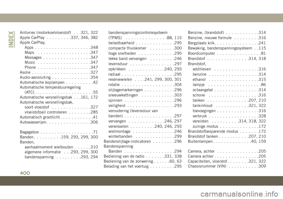 JEEP GRAND CHEROKEE 2020  Instructieboek (in Dutch) Antivries (motorkoelvloeistof) . . .321, 322
Apple CarPlay.........337, 346, 382
Apple CarPlay,
Apps....................348
Maps...................347
Messages.................347
Music...............