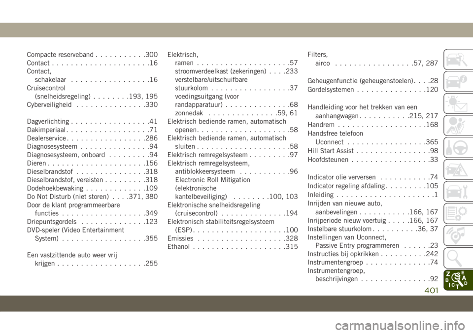 JEEP GRAND CHEROKEE 2021 Instructieboek (in Dutch) Compacte reserveband...........300
Contact.....................16
Contact,
schakelaar.................16
Cruisecontrol
(snelheidsregeling)........193, 195
Cyberveiligheid...............330
Dagverlicht JEEP GRAND CHEROKEE 2021 Instructieboek (in Dutch) Compacte reserveband...........300
Contact.....................16
Contact,
schakelaar.................16
Cruisecontrol
(snelheidsregeling)........193, 195
Cyberveiligheid...............330
Dagverlicht