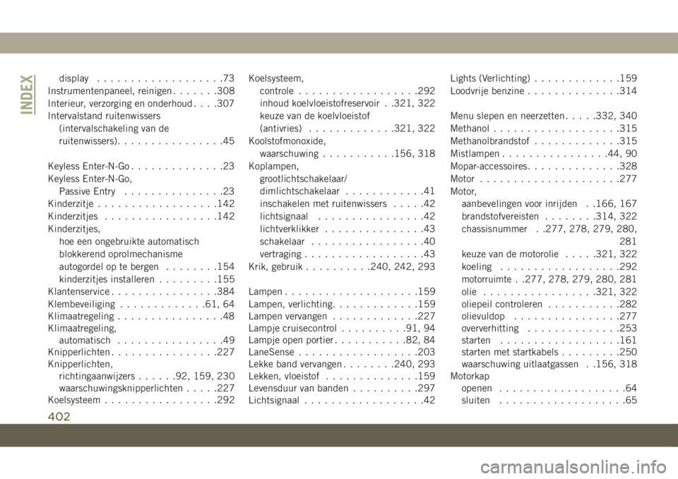 JEEP GRAND CHEROKEE 2020  Instructieboek (in Dutch) display...................73
Instrumentenpaneel, reinigen.......308
Interieur, verzorging en onderhoud. . . .307
Intervalstand ruitenwissers
(intervalschakeling van de
ruitenwissers)................45