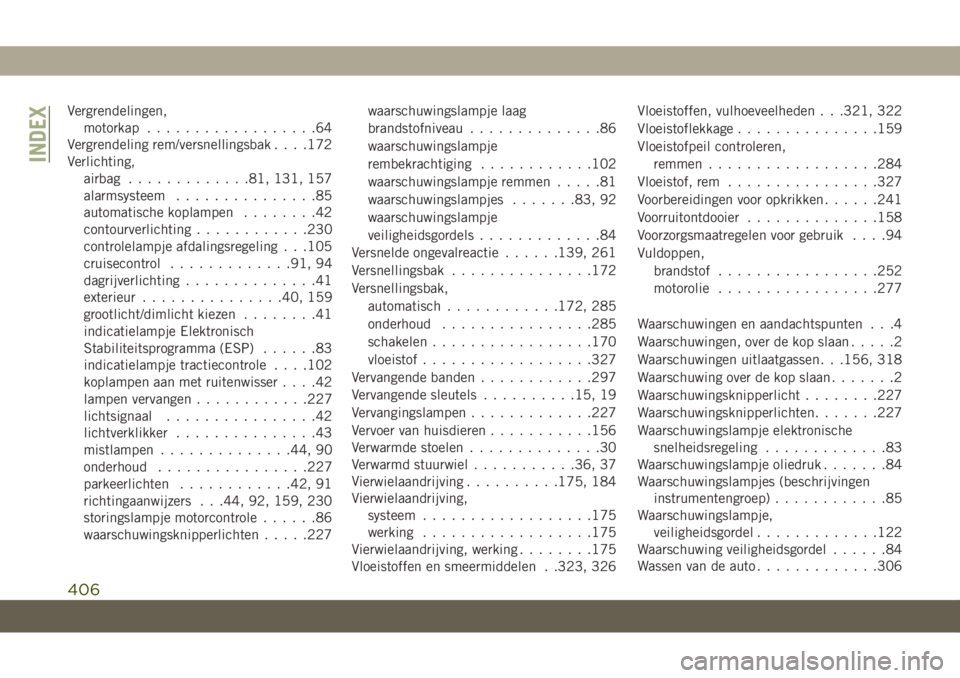 JEEP GRAND CHEROKEE 2020  Instructieboek (in Dutch) Vergrendelingen,
motorkap..................64
Vergrendeling rem/versnellingsbak. . . .172
Verlichting,
airbag.............81, 131, 157
alarmsysteem...............85
automatische koplampen........42
co