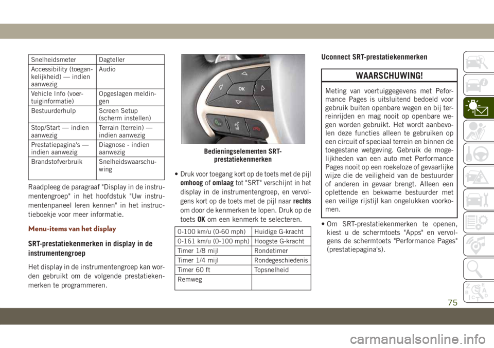 JEEP GRAND CHEROKEE 2020  Instructieboek (in Dutch) Snelheidsmeter Dagteller
Accessibility (toegan-
kelijkheid) — indien
aanwezigAudio
Vehicle Info (voer-
tuiginformatie)Opgeslagen meldin-
gen
Bestuurderhulp Screen Setup
(scherm instellen)
Stop/Start