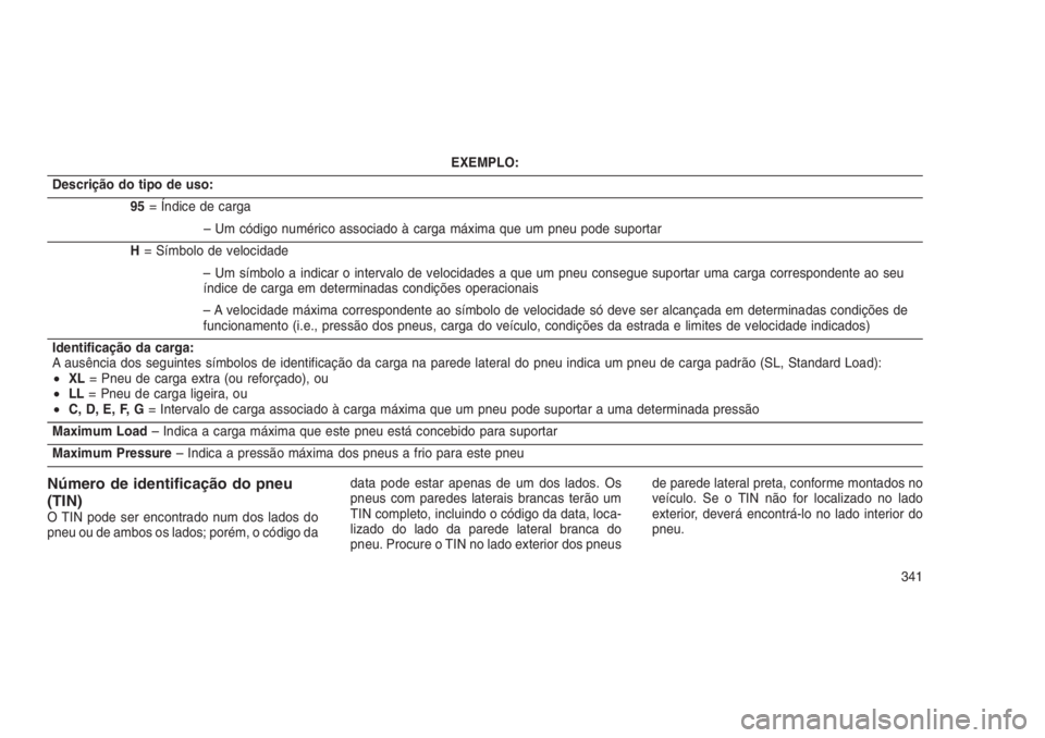 JEEP GRAND CHEROKEE 2016 Manual de Uso e Manutenção (in Portuguese) EXEMPLO:
Descrição do tipo de uso:
95= Índice de carga
– Um código numérico associado à carga máxima que um pneu pode suportar
H= Símbolo de velocidade
– Um símbolo a indicar o intervalo JEEP GRAND CHEROKEE 2016 Manual de Uso e Manutenção (in Portuguese) EXEMPLO:
Descrição do tipo de uso:
95= Índice de carga
– Um código numérico associado à carga máxima que um pneu pode suportar
H= Símbolo de velocidade
– Um símbolo a indicar o intervalo