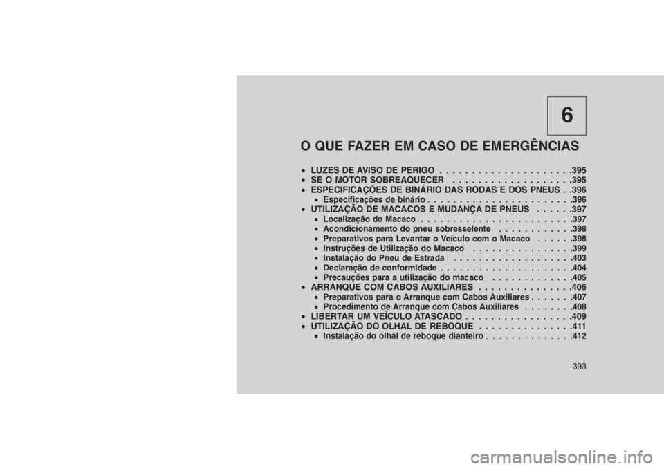 JEEP GRAND CHEROKEE 2016 Manual de Uso e Manutenção (in Portuguese) 6
O QUE FAZER EM CASO DE EMERGÊNCIAS
•LUZES DE AVISO DE PERIGO . . . . . . . . . . . . . . . . .. . . .395
•SE O MOTOR SOBREAQUECER . . . . . ..............395
•ESPECIFICAÇÕES DE BINÁRIO DAS JEEP GRAND CHEROKEE 2016 Manual de Uso e Manutenção (in Portuguese) 6
O QUE FAZER EM CASO DE EMERGÊNCIAS
•LUZES DE AVISO DE PERIGO . . . . . . . . . . . . . . . . .. . . .395
•SE O MOTOR SOBREAQUECER . . . . . ..............395
•ESPECIFICAÇÕES DE BINÁRIO DAS