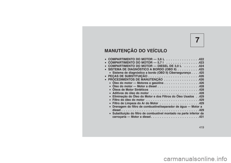 JEEP GRAND CHEROKEE 2016 Manual de Uso e Manutenção (in Portuguese) 7
MANUTENÇÃO DO VEÍCULO
•COMPARTIMENTO DO MOTOR — 3,6 L . . . . . ..........422
•COMPARTIMENTO DO MOTOR — 5,7 l . ..............423
•COMPARTIMENTO DO MOTOR — DIESEL DE 3,0 L . . . . . . JEEP GRAND CHEROKEE 2016 Manual de Uso e Manutenção (in Portuguese) 7
MANUTENÇÃO DO VEÍCULO
•COMPARTIMENTO DO MOTOR — 3,6 L . . . . . ..........422
•COMPARTIMENTO DO MOTOR — 5,7 l . ..............423
•COMPARTIMENTO DO MOTOR — DIESEL DE 3,0 L . . . . . .